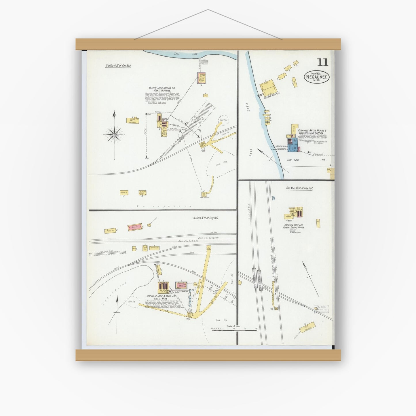 Old map wall art mockup — magnetic wood frame on white wall — Sanborn Fire Insurance Map from Negaunee, Marquette County, Michigan (1902), Sheet #0011