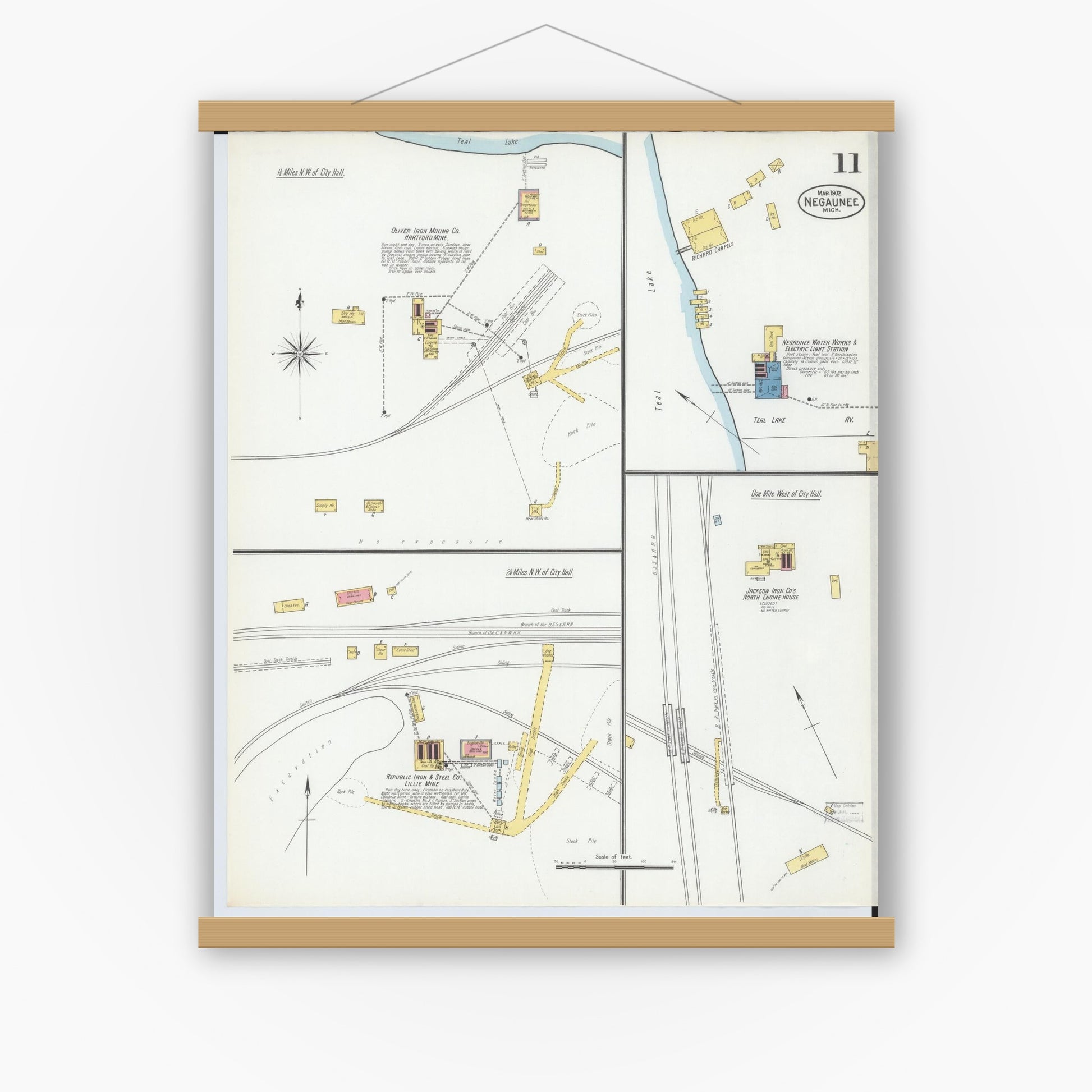Old map wall art mockup — magnetic wood frame on white wall — Sanborn Fire Insurance Map from Negaunee, Marquette County, Michigan (1902), Sheet #0011