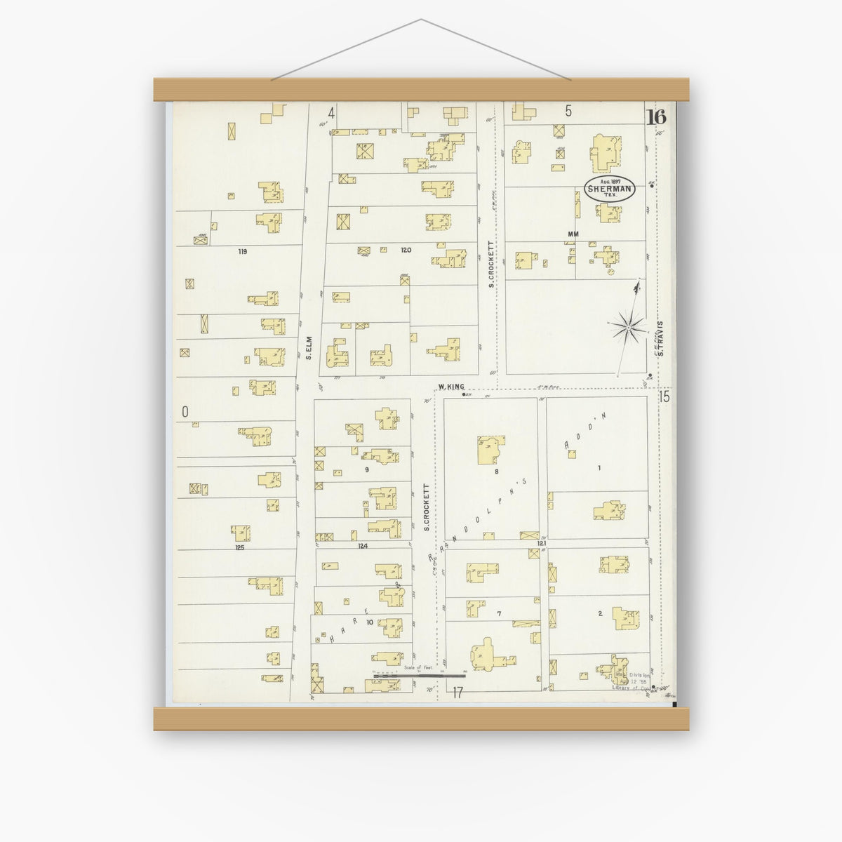 Old map wall art mockup — magnetic wood frame on white wall — Sanborn Fire Insurance Map from Sherman, Grayson County, Texas (1897), Sheet #0016