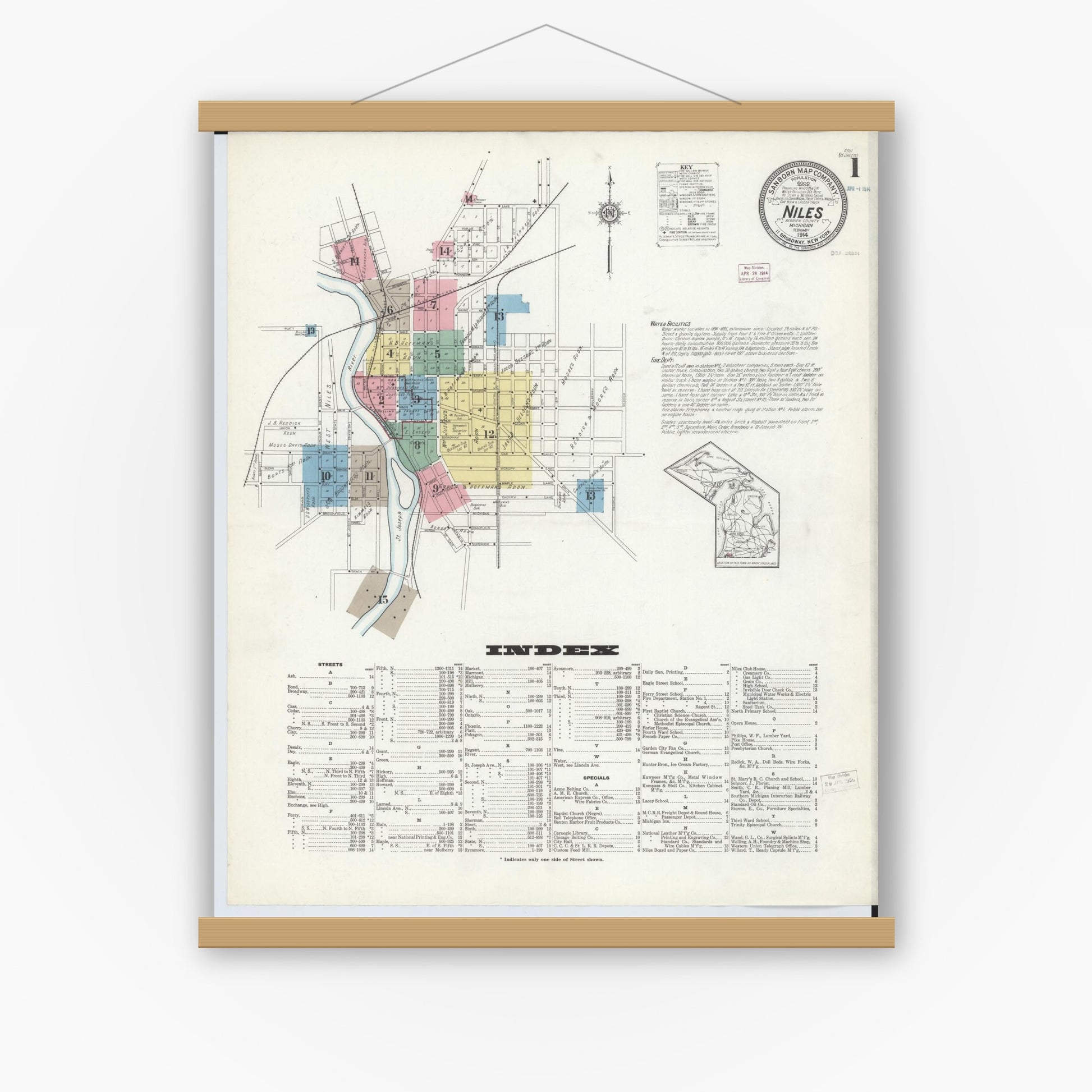 Old map wall art mockup — magnetic wood frame on white wall — Sanborn Fire Insurance Map from Niles, Berrien County, Michigan (1914), Sheet #0001