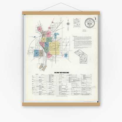 Old map wall art mockup — magnetic wood frame on white wall — Sanborn Fire Insurance Map from Niles, Berrien County, Michigan (1914), Sheet #0001