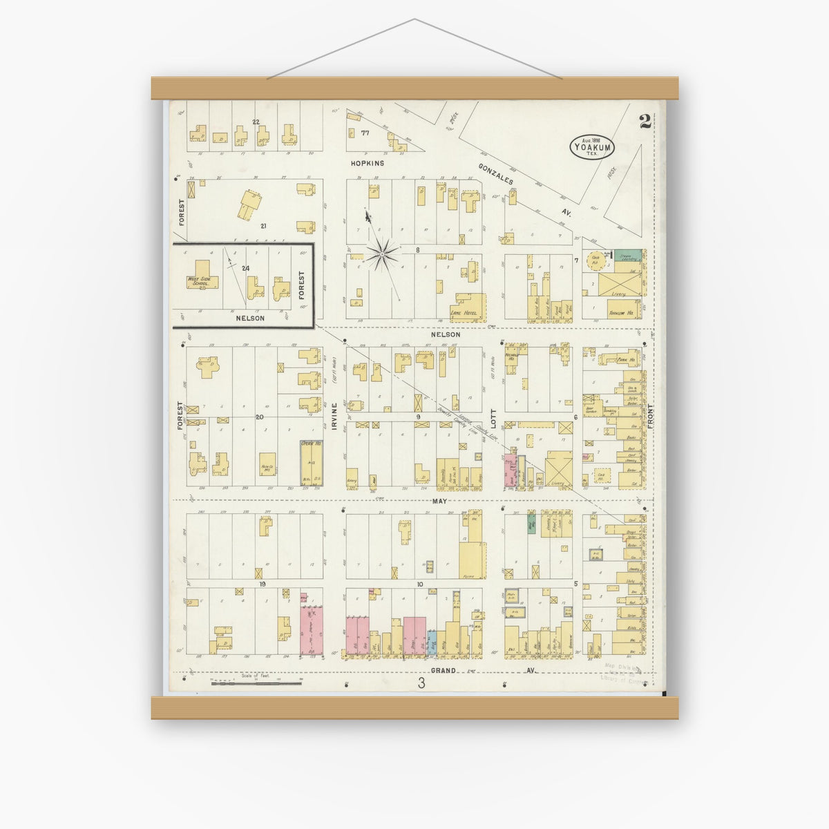 Old map wall art mockup — magnetic wood frame on white wall — Sanborn Fire Insurance Map from Yoakum, De Witt And Lavaca Counties, Texas (1898), Sheet #0002