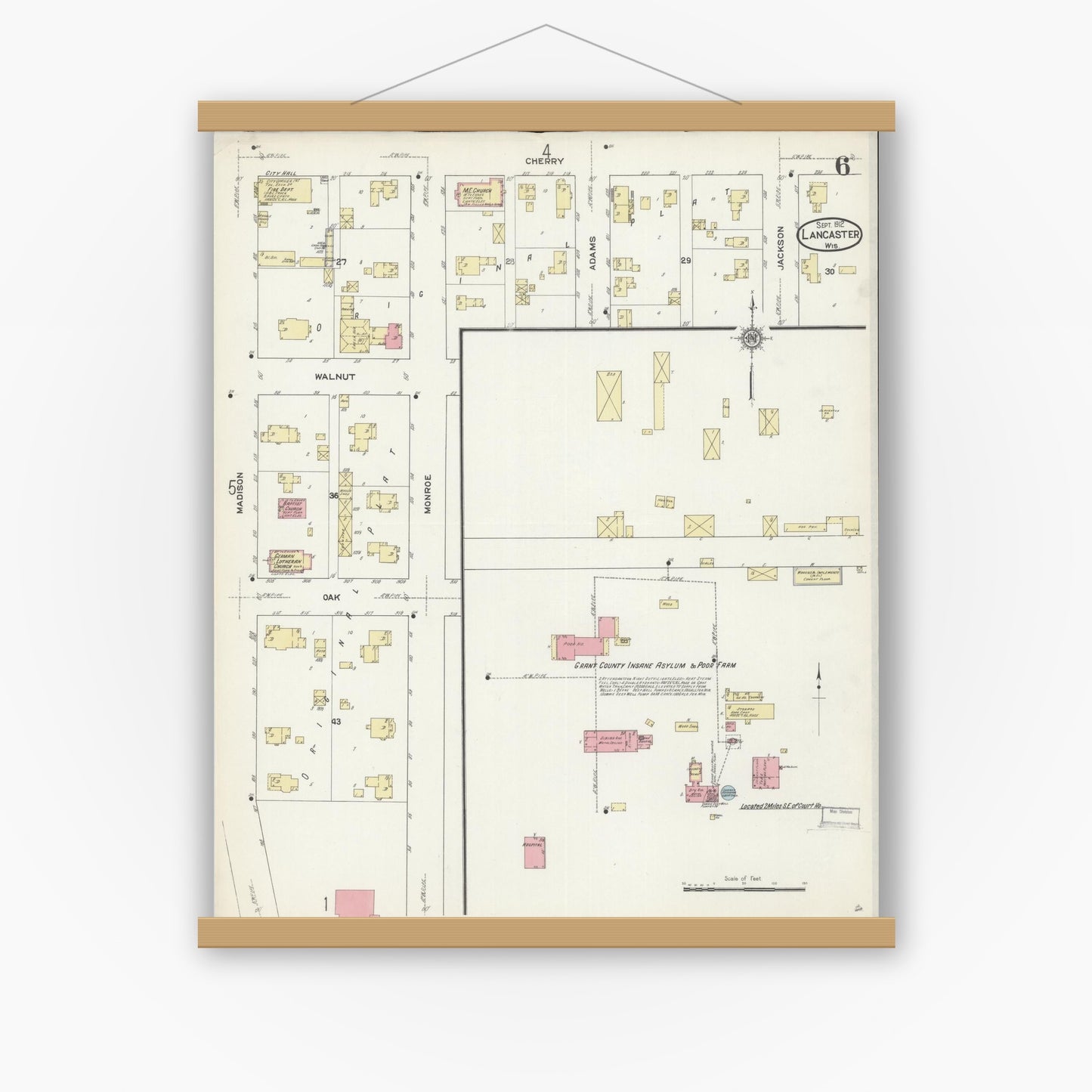 Old map wall art mockup — magnetic wood frame on white wall — Sanborn Fire Insurance Map from Lancaster, Grant County, Wisconsin (1912), Sheet #0006