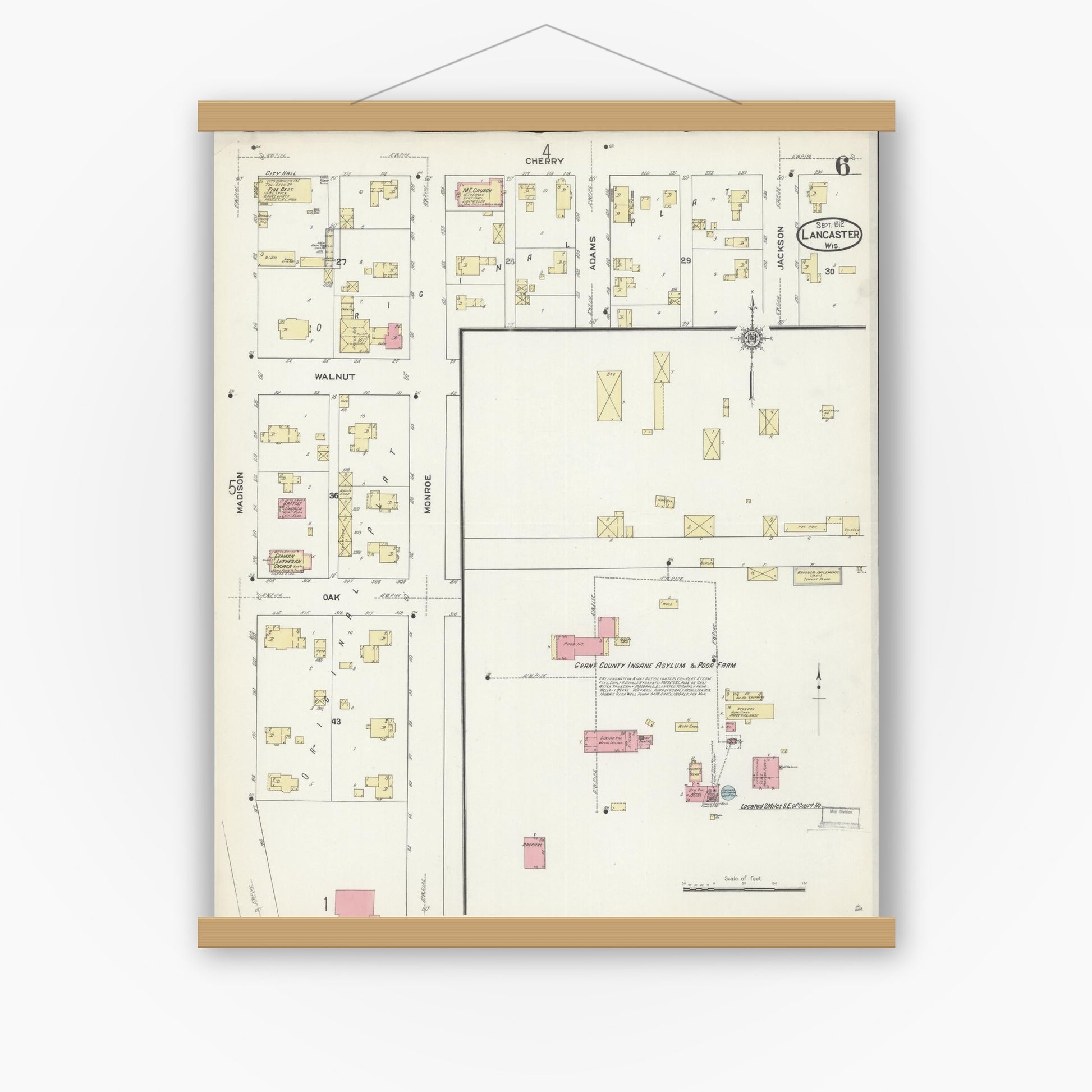 Old map wall art mockup — magnetic wood frame on white wall — Sanborn Fire Insurance Map from Lancaster, Grant County, Wisconsin (1912), Sheet #0006