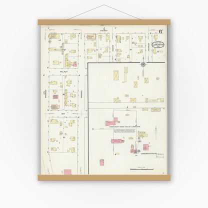 Old map wall art mockup — magnetic wood frame on white wall — Sanborn Fire Insurance Map from Lancaster, Grant County, Wisconsin (1912), Sheet #0006