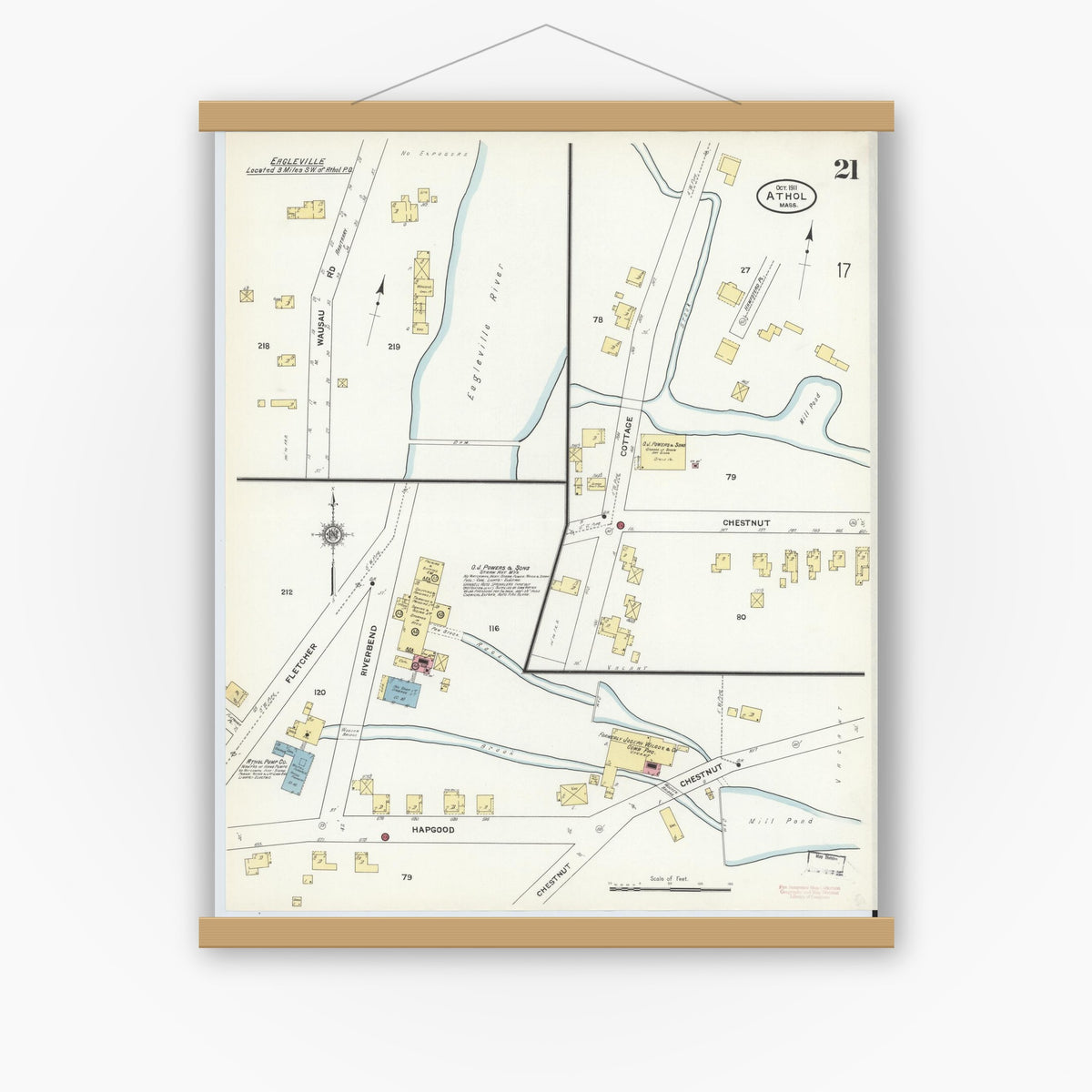 Old map wall art mockup — magnetic wood frame on white wall — Sanborn Fire Insurance Map from Athol, Worcester County, Massachusetts (1911), Sheet #0021