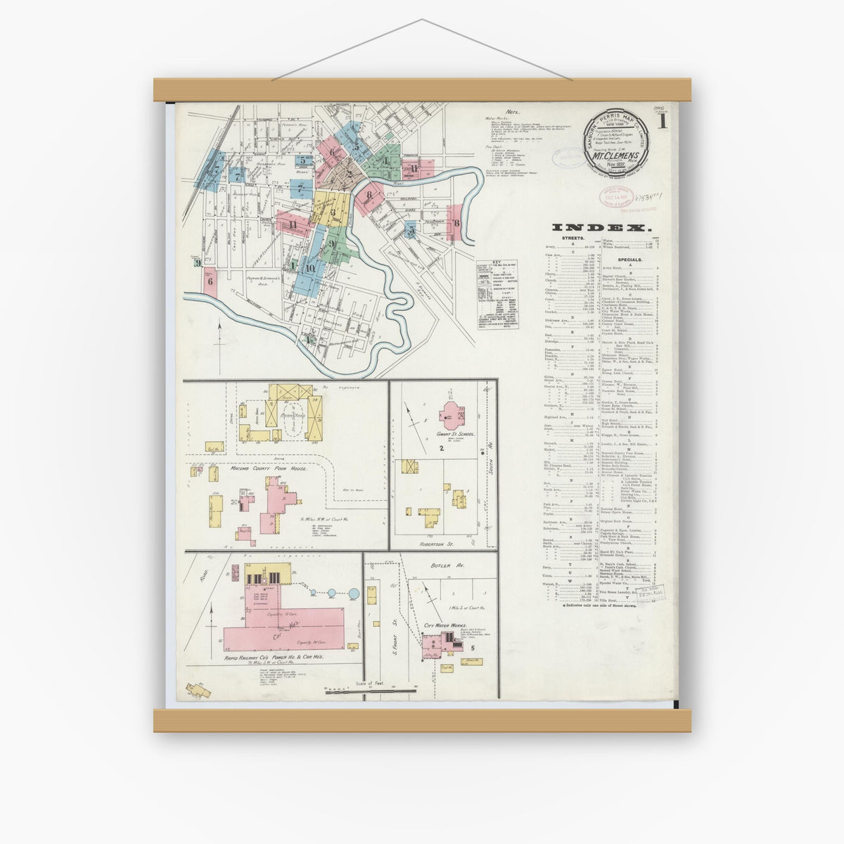 Old map wall art mockup — magnetic wood frame on white wall — Sanborn Fire Insurance Map from Mount Clemens, Macomb County, Michigan (1897), Sheet #0001