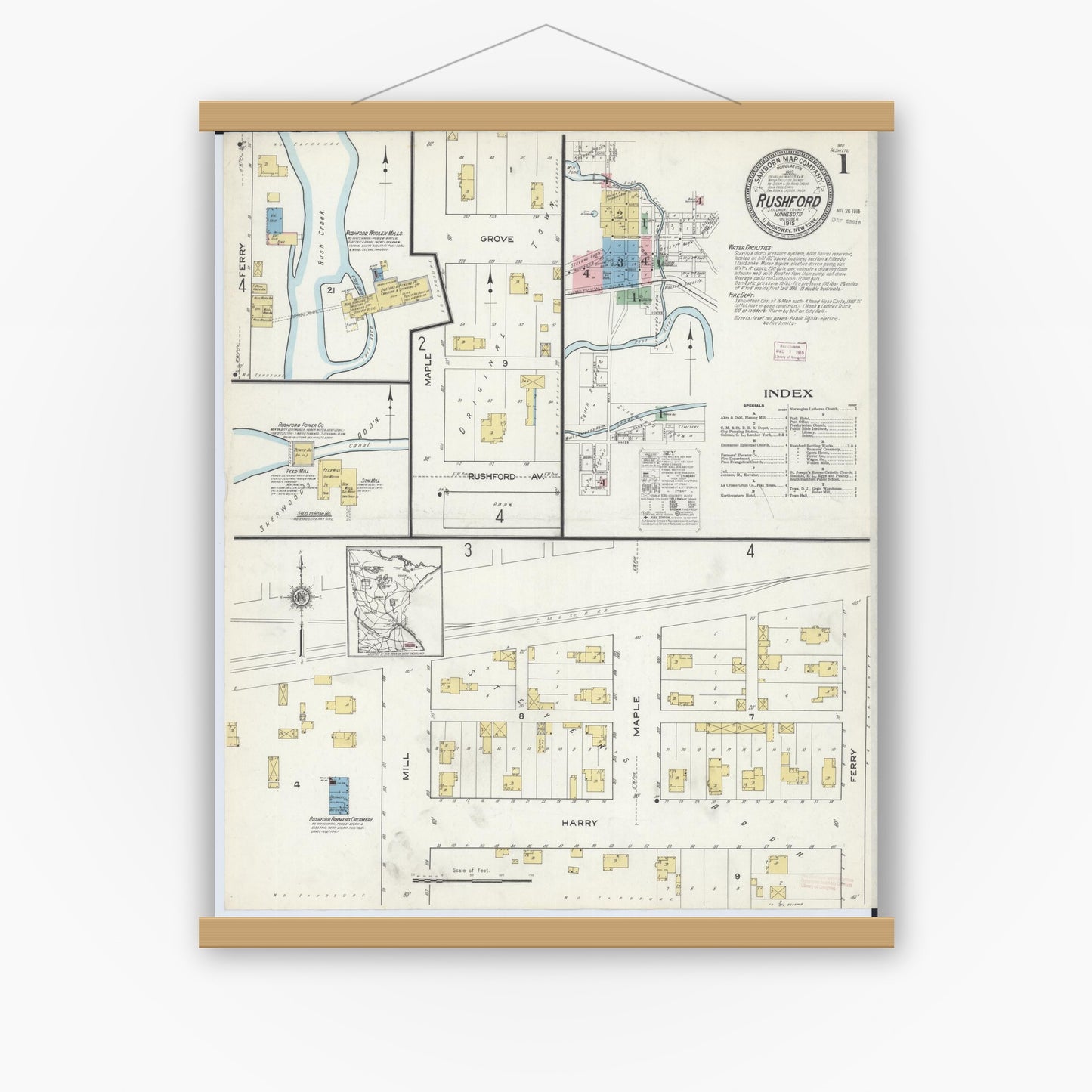 Old map wall art mockup — magnetic wood frame on white wall — Sanborn Fire Insurance Map from Rushford, Fillmore County, Minnesota (1915) - Complete Map Set