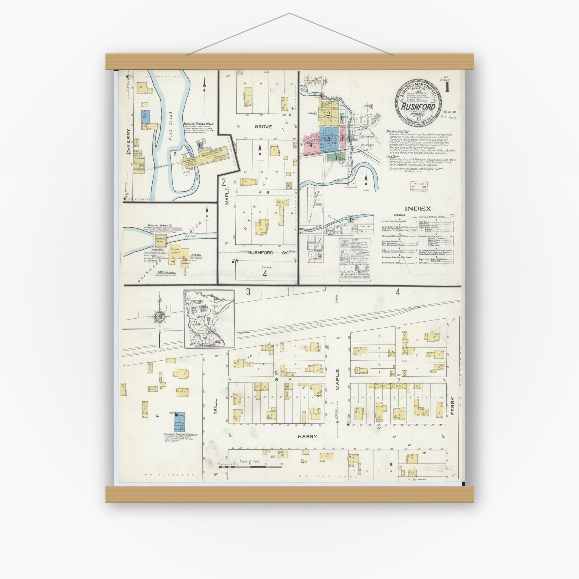 Old map wall art mockup — magnetic wood frame on white wall — Sanborn Fire Insurance Map from Rushford, Fillmore County, Minnesota (1915) - Complete Map Set