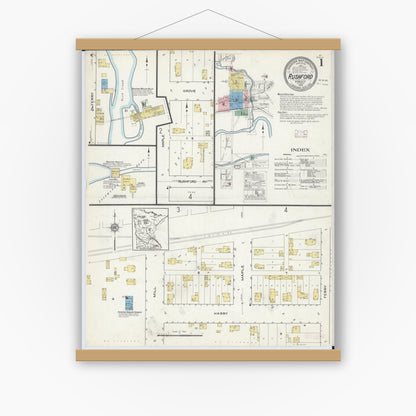 Old map wall art mockup — magnetic wood frame on white wall — Sanborn Fire Insurance Map from Rushford, Fillmore County, Minnesota (1915) - Complete Map Set