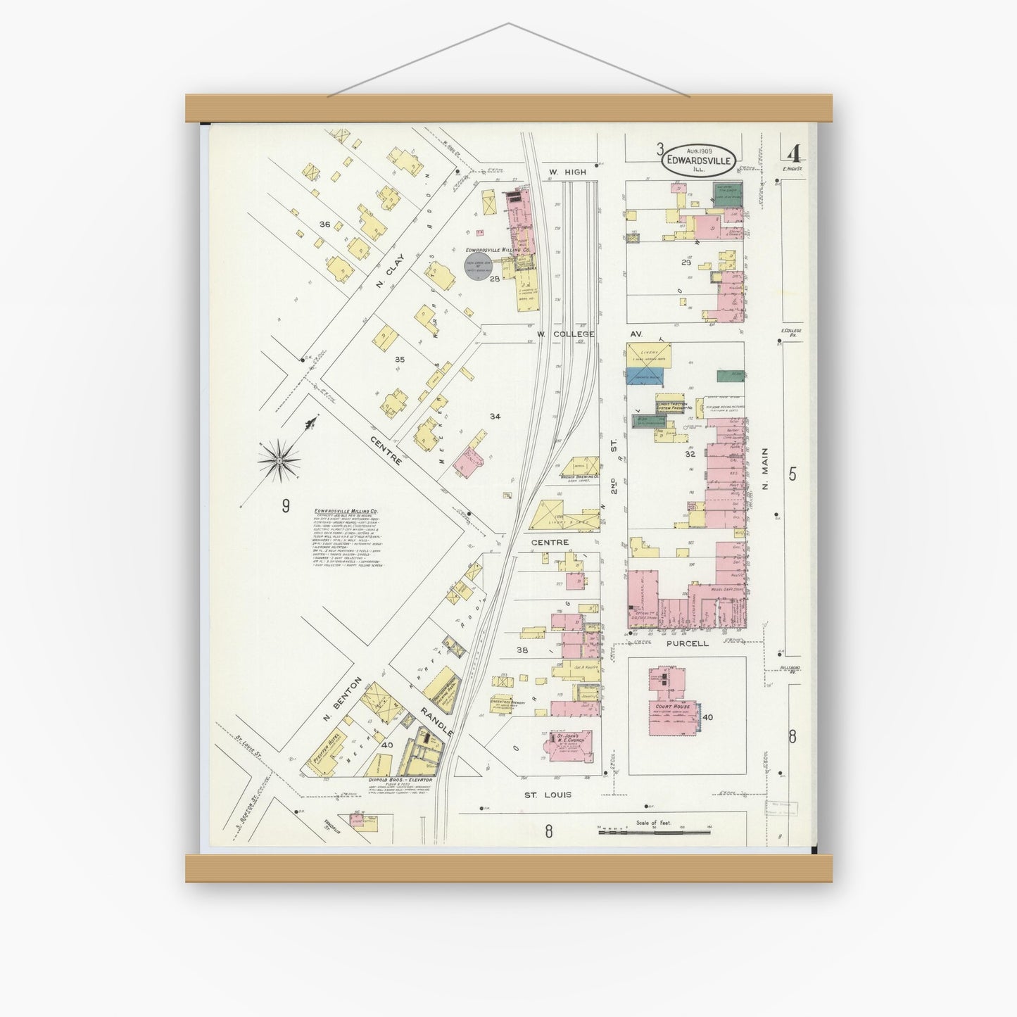 Old map wall art mockup — magnetic wood frame on white wall — Sanborn Fire Insurance Map from Edwardsville, Madison County, Illinois (1909), Sheet #0004
