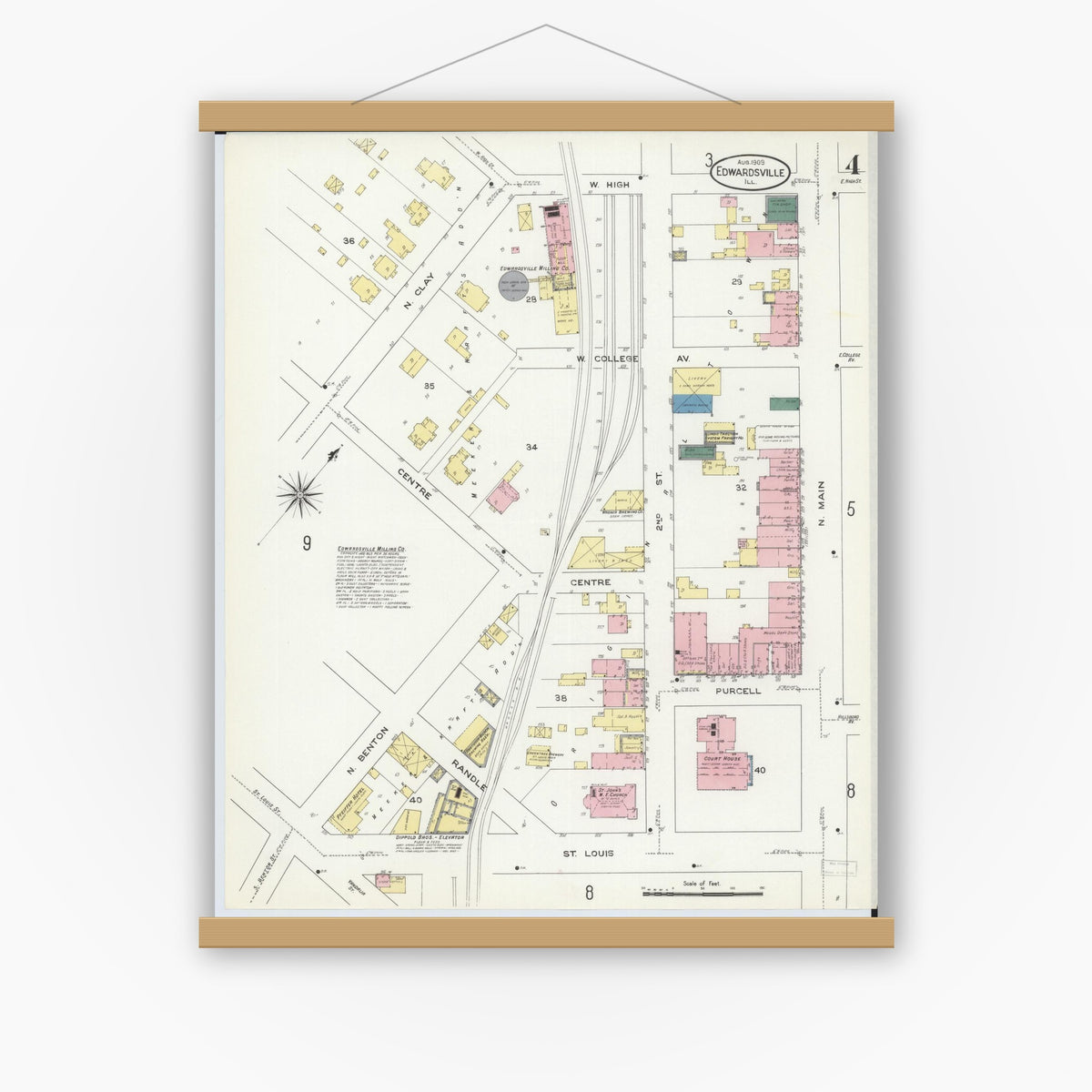 Old map wall art mockup — magnetic wood frame on white wall — Sanborn Fire Insurance Map from Edwardsville, Madison County, Illinois (1909), Sheet #0004