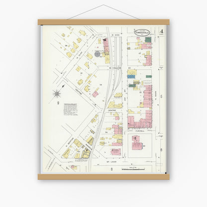 Old map wall art mockup — magnetic wood frame on white wall — Sanborn Fire Insurance Map from Edwardsville, Madison County, Illinois (1909), Sheet #0004