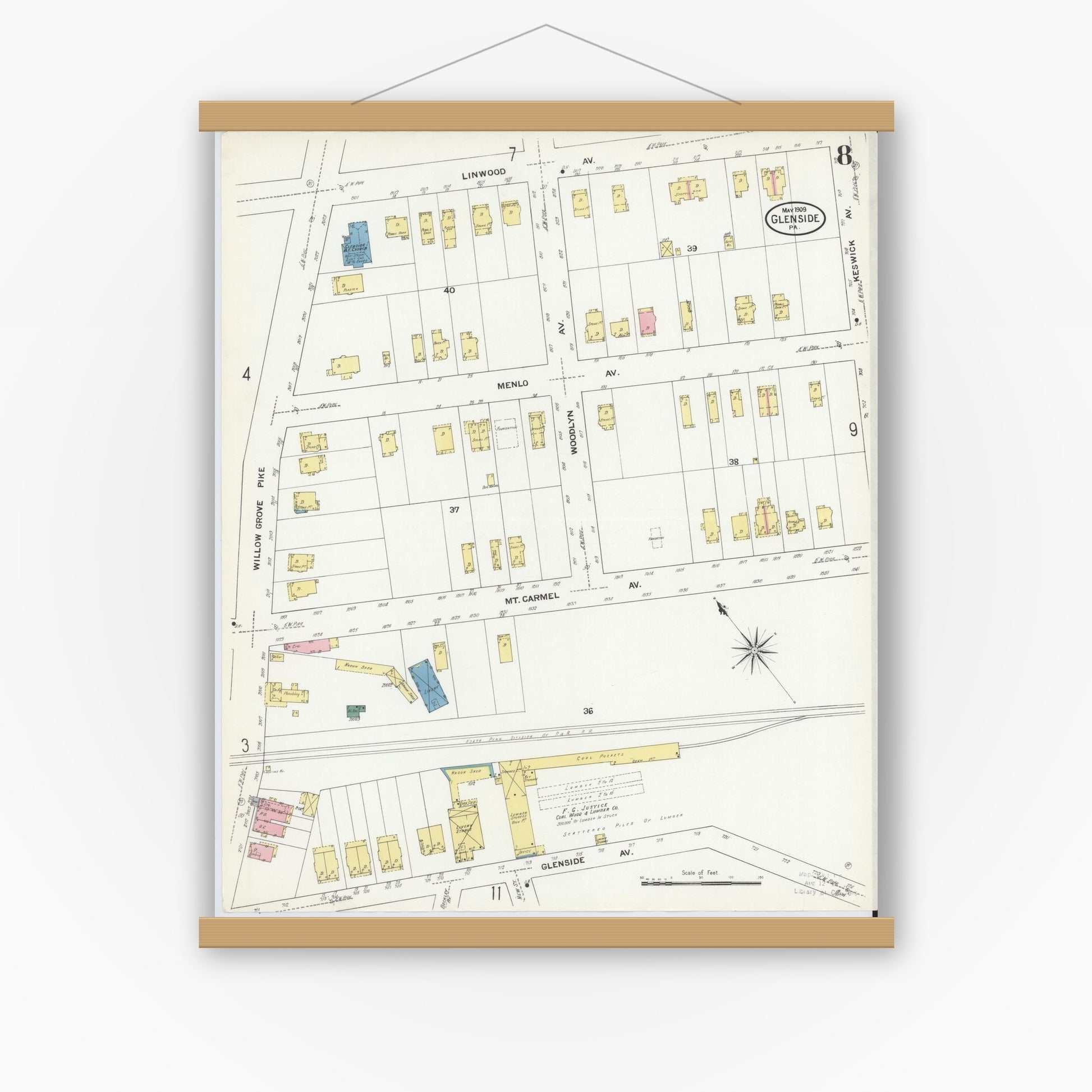 Old map wall art mockup — magnetic wood frame on white wall — Sanborn Fire Insurance Map from Glenside, Montgomery County, Pennsylvania (1909), Sheet #0008