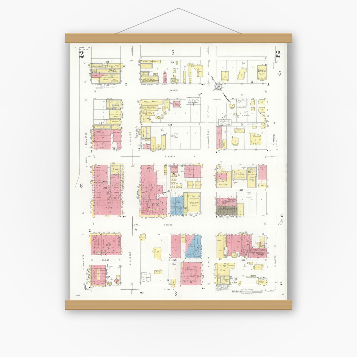 Old map wall art mockup — magnetic wood frame on white wall — Sanborn Fire Insurance Map from Kilgore, Gregg County, Texas (1936), Sheet #0002