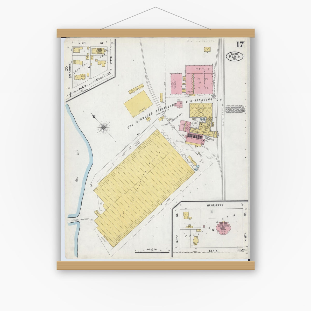 Old map wall art mockup — magnetic wood frame on white wall — Sanborn Fire Insurance Map from Pekin, Tazewell County, Illinois (1903), Sheet #0017