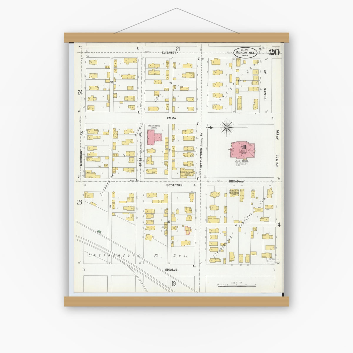 Old map wall art mockup — magnetic wood frame on white wall — Sanborn Fire Insurance Map from Menominee, Menominee County, Michigan (1901), Sheet #0020