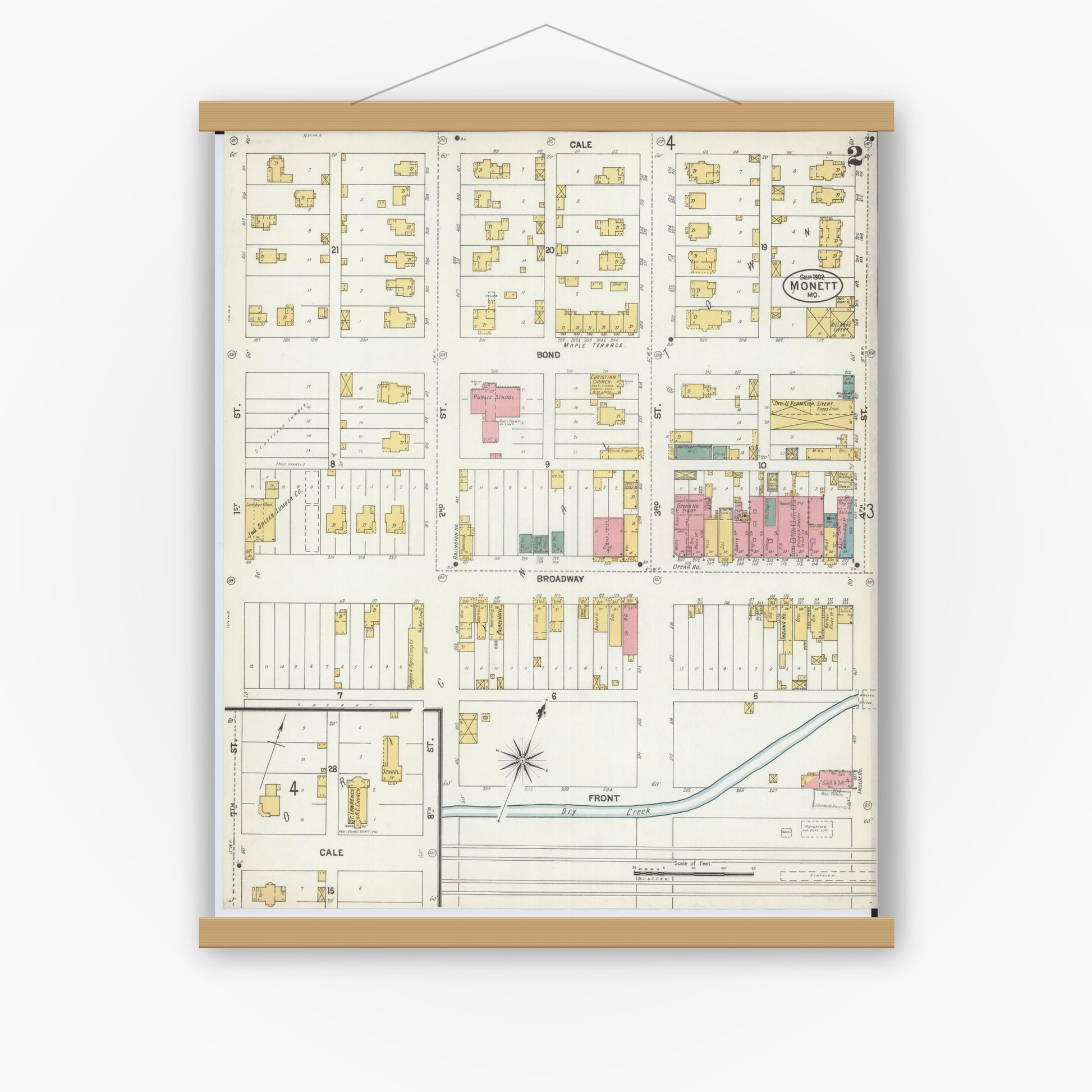 Old map wall art mockup — magnetic wood frame on white wall — Sanborn Fire Insurance Map from Monett, Barry County, Missouri (1902), Sheet #0002