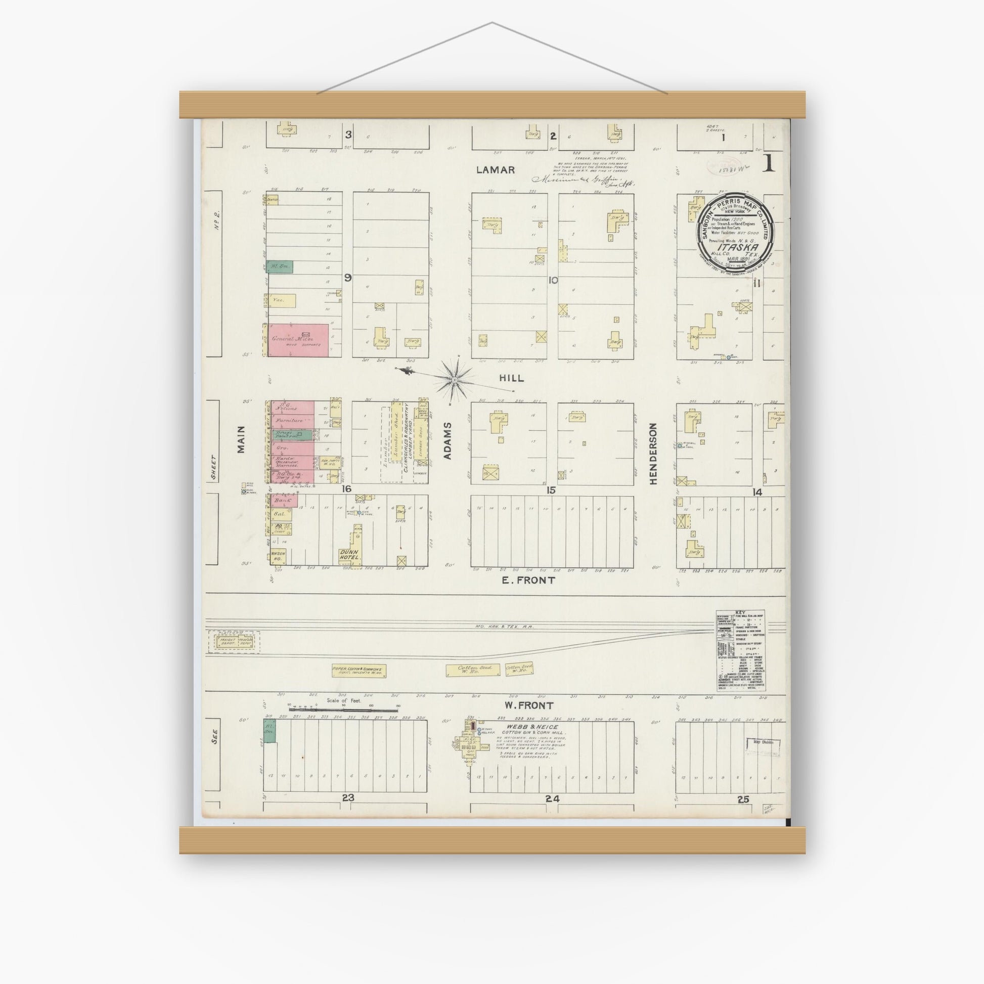 Old map wall art mockup — magnetic wood frame on white wall — Sanborn Fire Insurance Map from Itasca, Hill County, Texas (1891), Sheet #0001