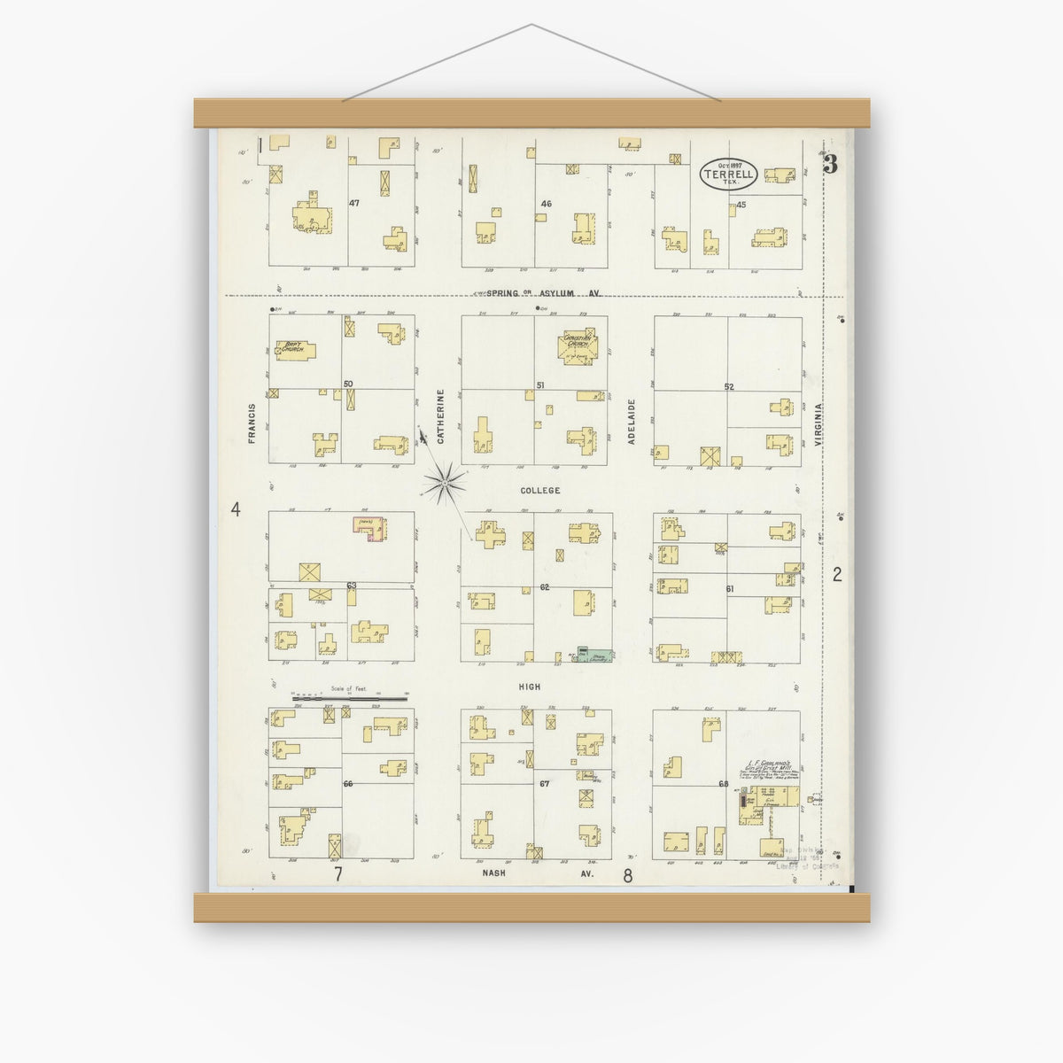 Old map wall art mockup — magnetic wood frame on white wall — Sanborn Fire Insurance Map from Terrell, Kaufman County, Texas (1897), Sheet #0003