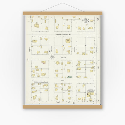 Old map wall art mockup — magnetic wood frame on white wall — Sanborn Fire Insurance Map from Terrell, Kaufman County, Texas (1897), Sheet #0003
