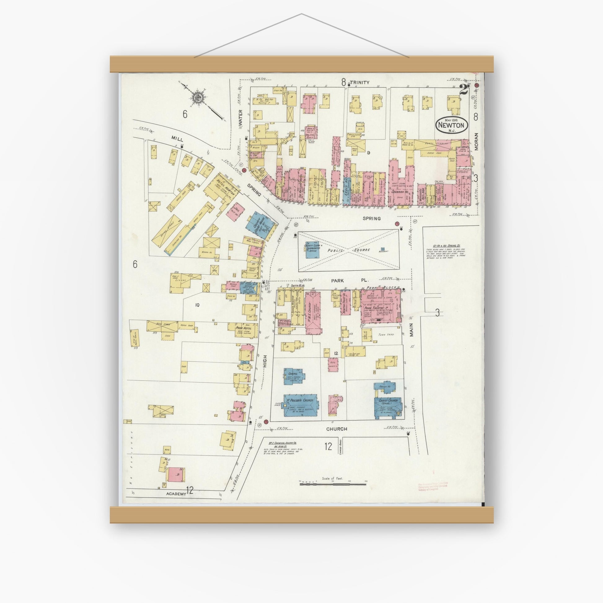 Old map wall art mockup — magnetic wood frame on white wall — Sanborn Fire Insurance Map from Newton, Sussex County, New Jersey (1916), Sheet #0002