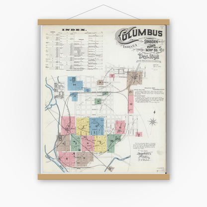 Old map wall art mockup — magnetic wood frame on white wall — Sanborn Fire Insurance Map from Columbus, Bartholomew County, Indiana (1892) - Complete Map Set