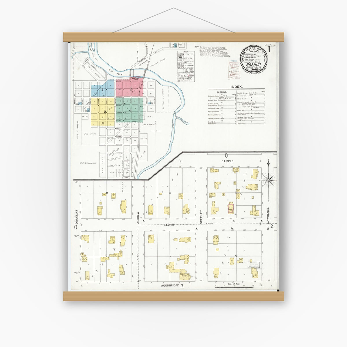 Old map wall art mockup — magnetic wood frame on white wall — Sanborn Fire Insurance Map from Nashua, Chickasaw County, Iowa (1900) â€” Complete Set