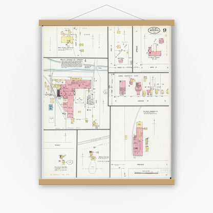 Old map wall art mockup — magnetic wood frame on white wall — Sanborn Fire Insurance Map from Morris, Grundy County, Illinois (1907), Sheet #0009