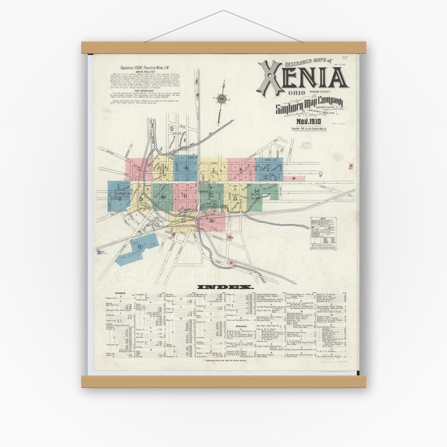 Old map wall art mockup — magnetic wood frame on white wall — Sanborn Fire Insurance Map from Xenia, Greene County, Ohio (1910), Sheet #0001