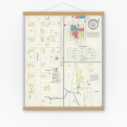 Old map wall art mockup — magnetic wood frame on white wall — Sanborn Fire Insurance Map from Gilmer, Upshur County, Texas (1907) - Complete Map Set