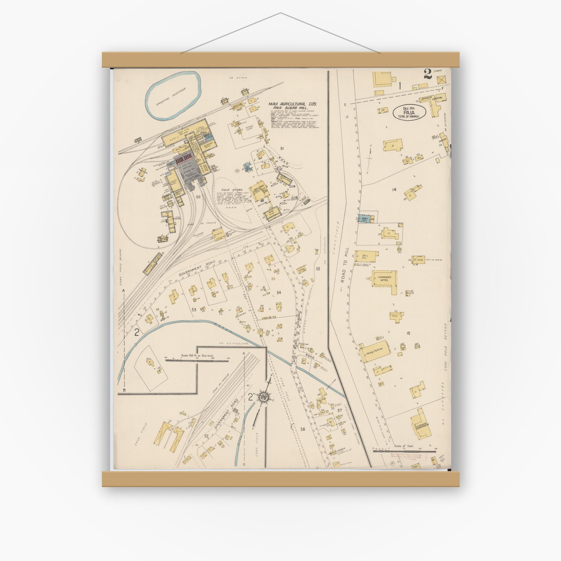 Old map wall art mockup — magnetic wood frame on white wall — Sanborn Fire Insurance Map from Paia, Maui County, Hawaii (1914), Sheet #0002