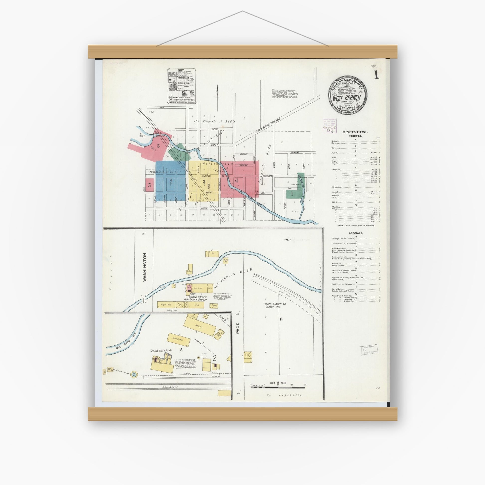Old map wall art mockup — magnetic wood frame on white wall — Sanborn Fire Insurance Map from West Branch, Ogemaw County, Michigan (1904), Sheet #0001