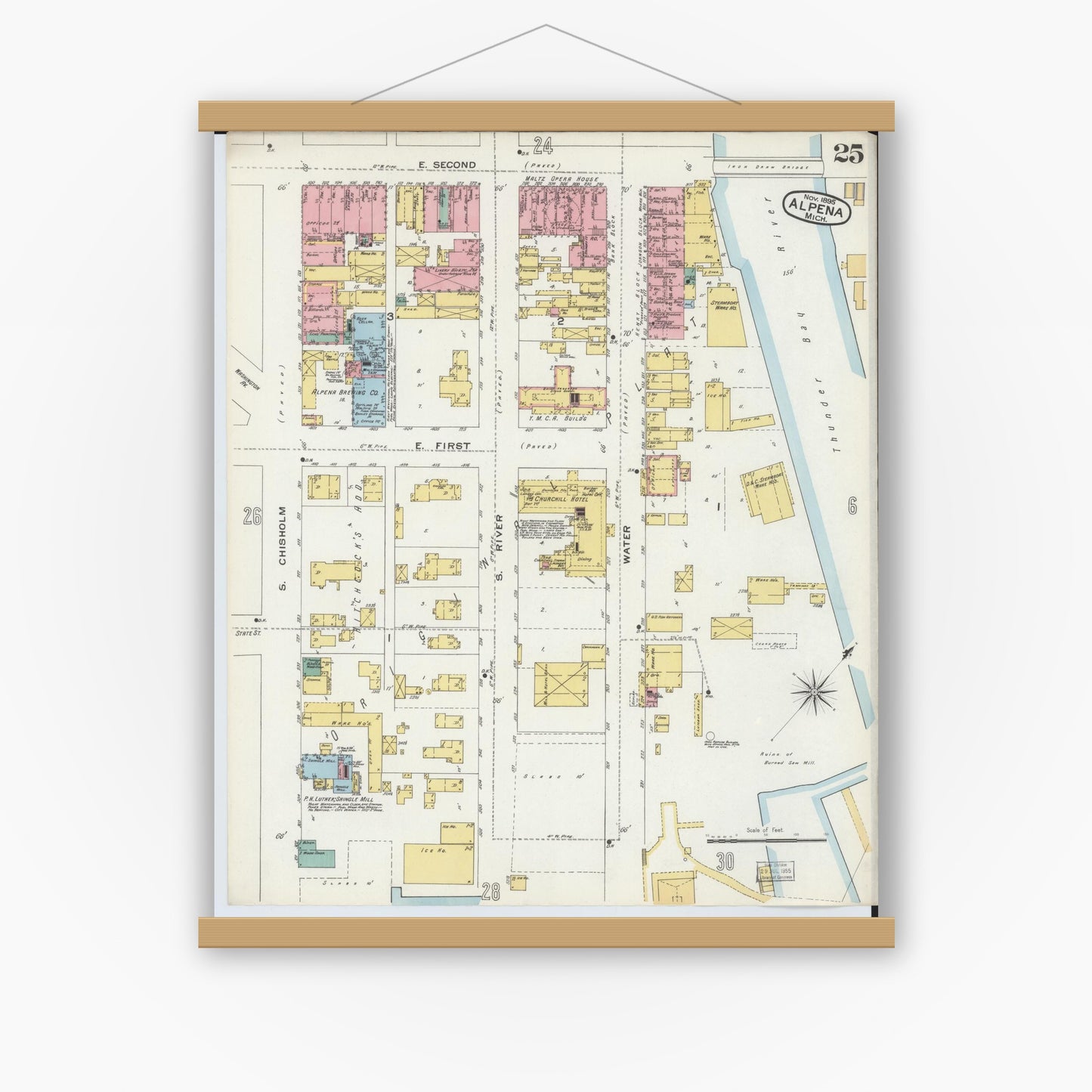 Old map wall art mockup — magnetic wood frame on white wall — Sanborn Fire Insurance Map from Alpena, Alpena County, Michigan (1895), Sheet #0025