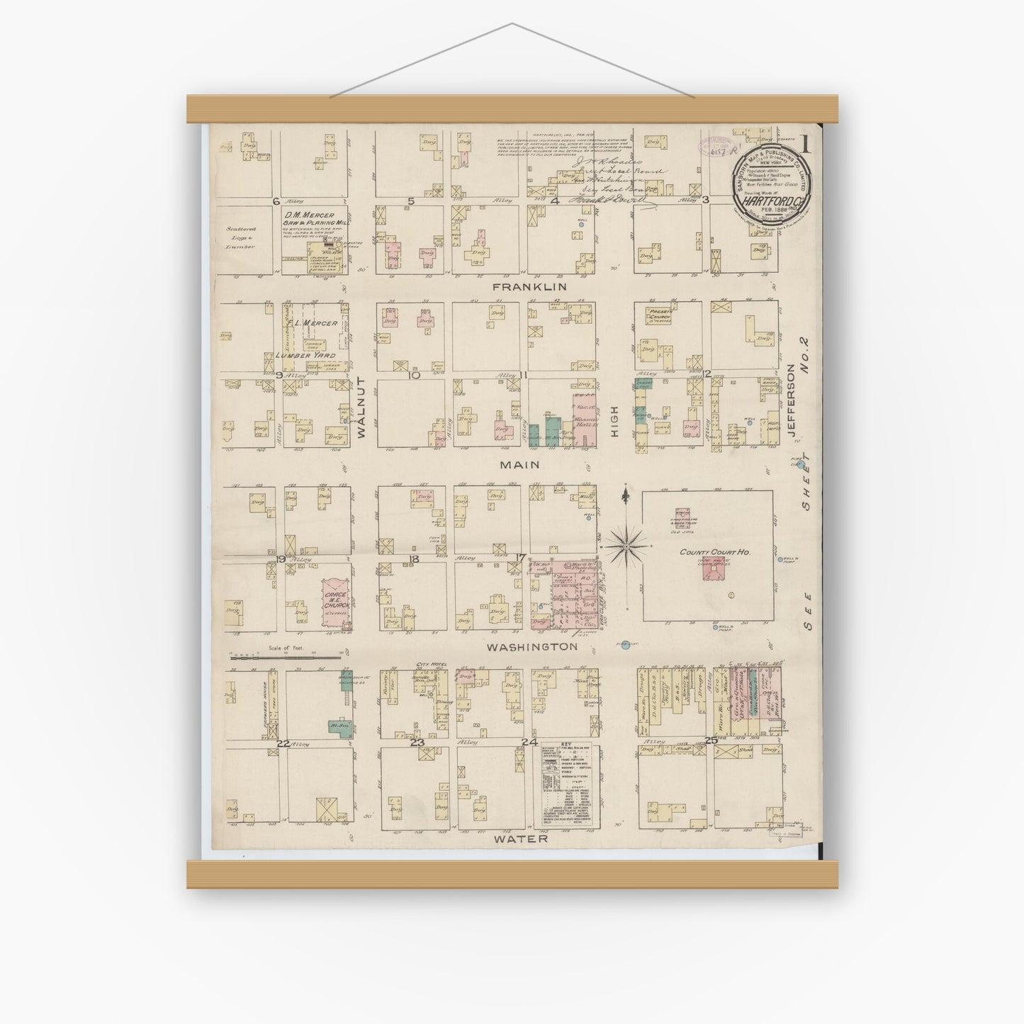 Old map wall art mockup — magnetic wood frame on white wall — Sanborn Fire Insurance Map from Hartford City, Blackford County, Indiana (1886) - Complete Map Set