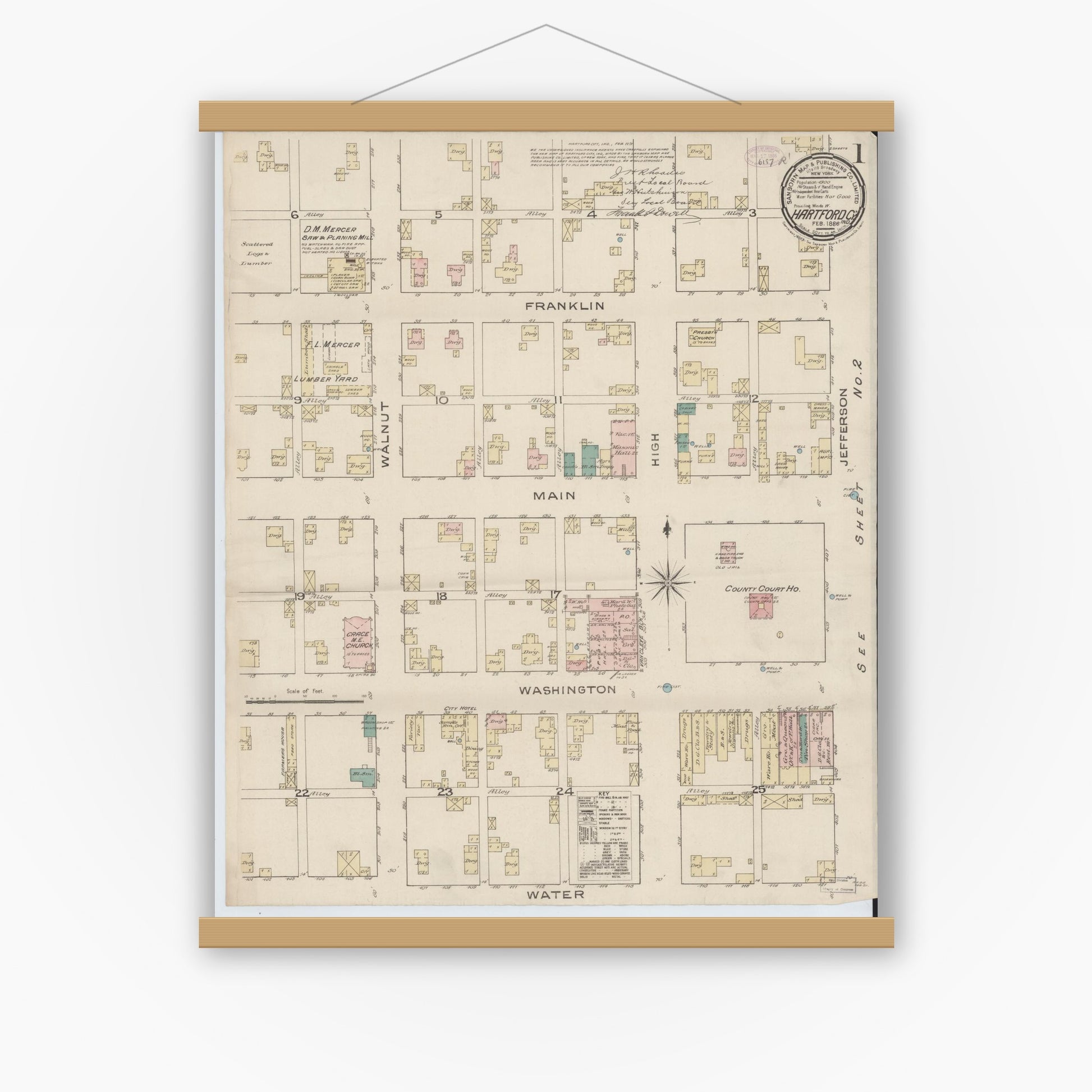 Old map wall art mockup — magnetic wood frame on white wall — Sanborn Fire Insurance Map from Hartford City, Blackford County, Indiana (1886) - Complete Map Set