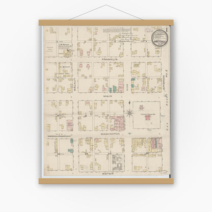 Old map wall art mockup — magnetic wood frame on white wall — Sanborn Fire Insurance Map from Hartford City, Blackford County, Indiana (1886) - Complete Map Set