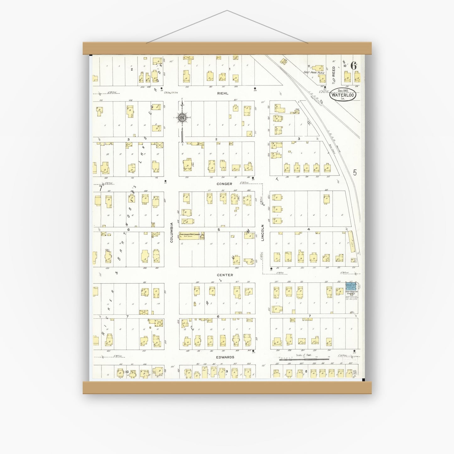 Old map wall art mockup — magnetic wood frame on white wall — Sanborn Fire Insurance Map from Waterloo, Black Hawk County, Iowa (1910), Sheet #0006
