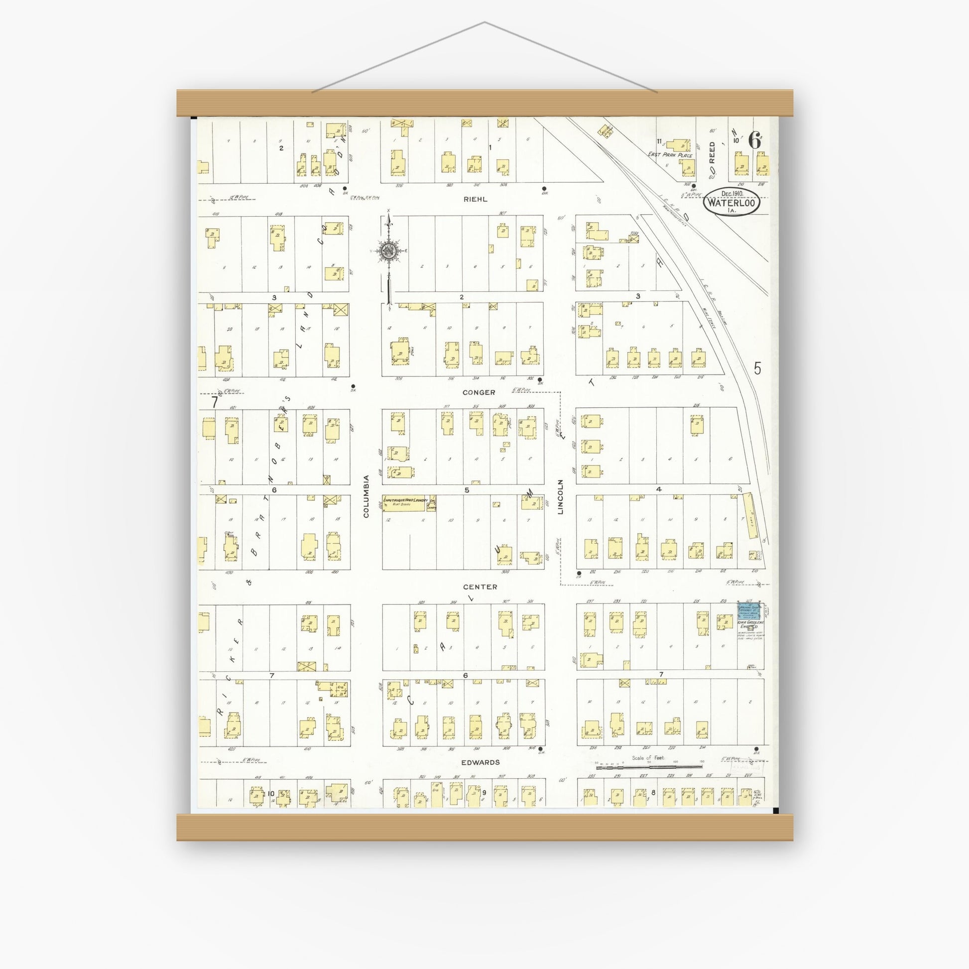 Old map wall art mockup — magnetic wood frame on white wall — Sanborn Fire Insurance Map from Waterloo, Black Hawk County, Iowa (1910), Sheet #0006