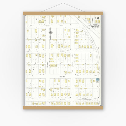 Old map wall art mockup — magnetic wood frame on white wall — Sanborn Fire Insurance Map from Waterloo, Black Hawk County, Iowa (1910), Sheet #0006