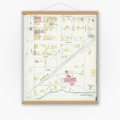Old map wall art mockup — magnetic wood frame on white wall — Sanborn Fire Insurance Map from Celina, Mercer County, Ohio (1907), Sheet #0009