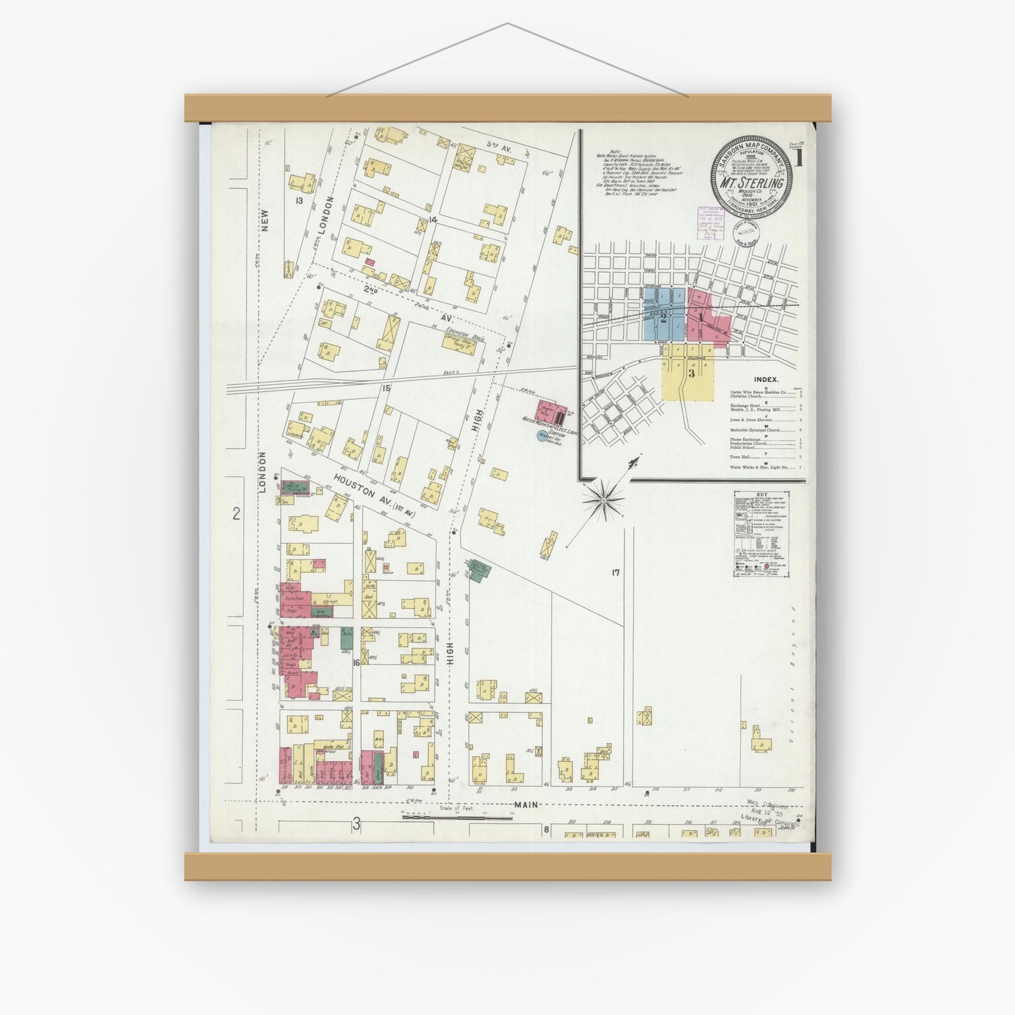 Old map wall art mockup — magnetic wood frame on white wall — Sanborn Fire Insurance Map from Mount Sterling, Madison County, Ohio (1901), Sheet #0001