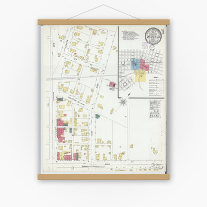 Old map wall art mockup — magnetic wood frame on white wall — Sanborn Fire Insurance Map from Mount Sterling, Madison County, Ohio (1901), Sheet #0001