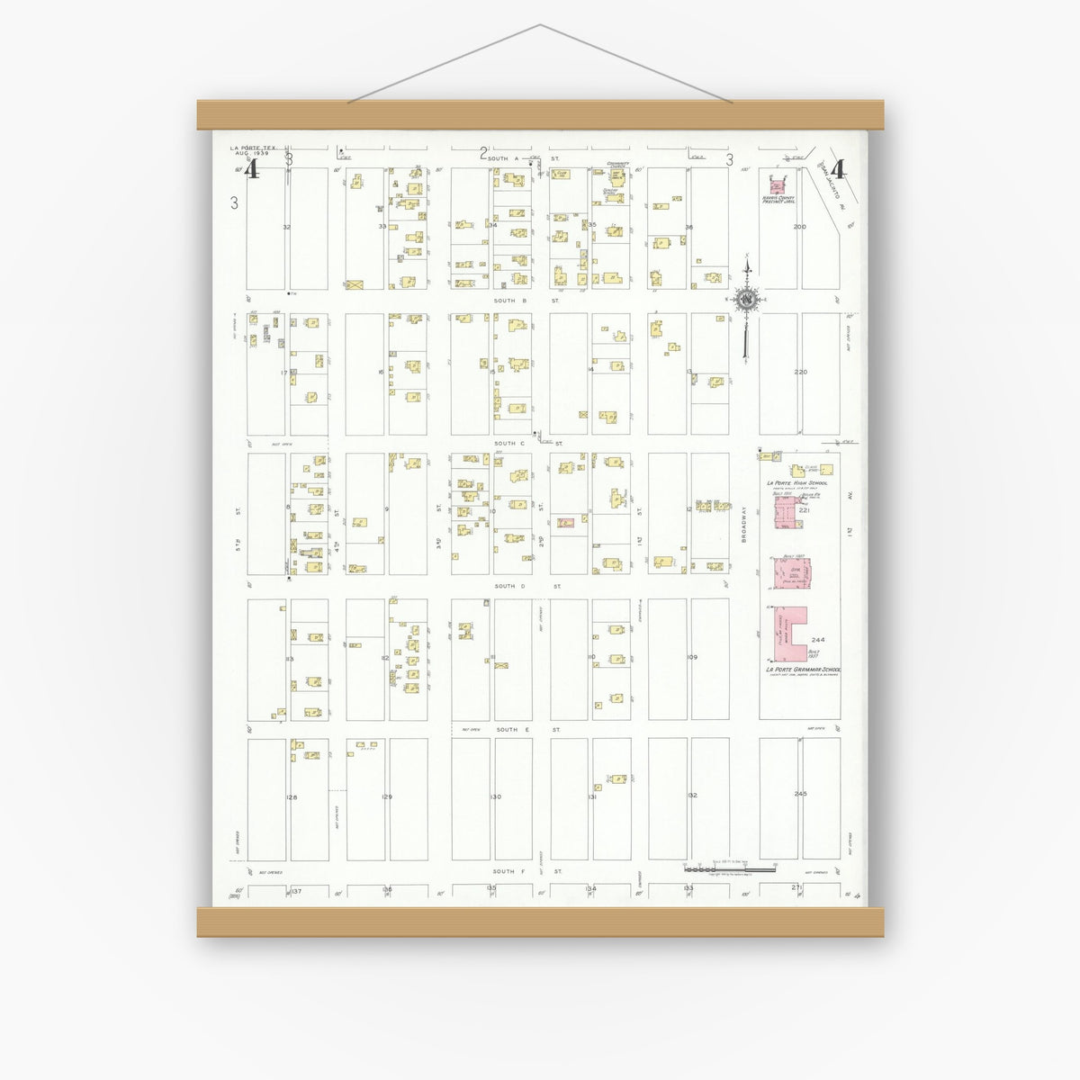 Old map wall art mockup — magnetic wood frame on white wall — Sanborn Fire Insurance Map from La Porte, Harris County, Texas (1939), Sheet #0004
