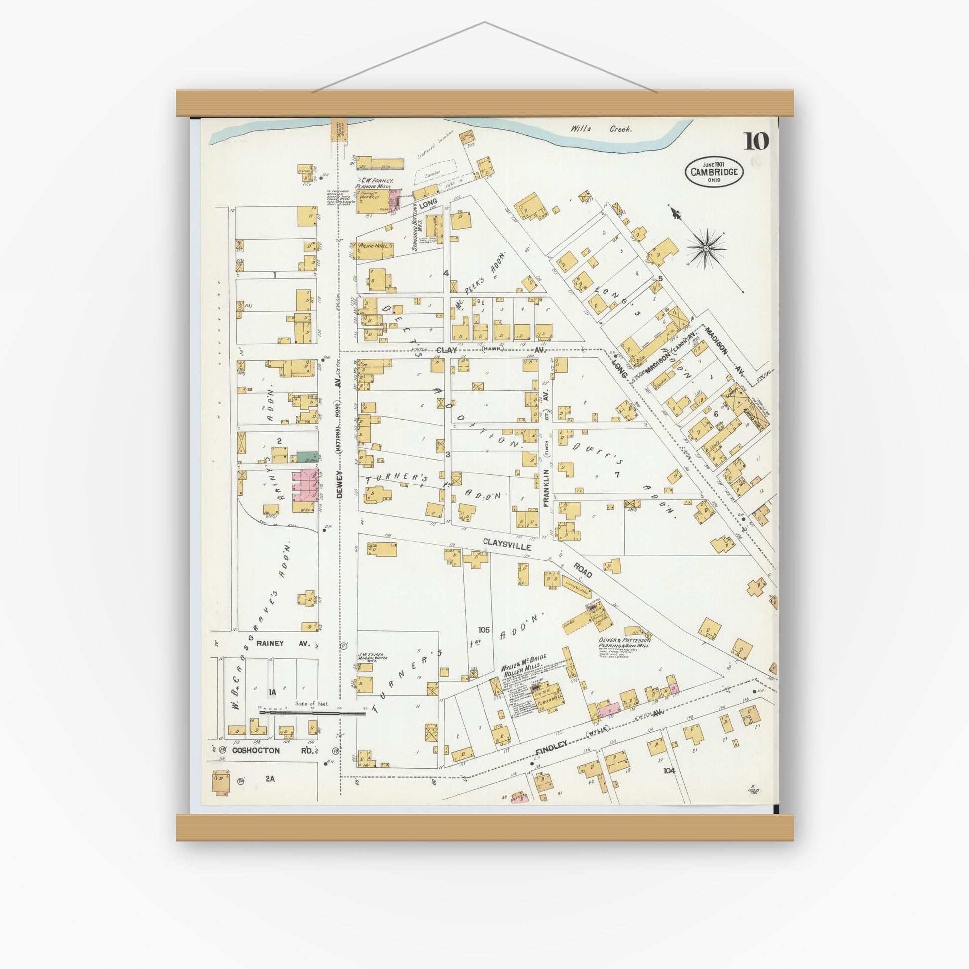 Old map wall art mockup — magnetic wood frame on white wall — Sanborn Fire Insurance Map from Cambridge, Guernsey County, Ohio (1901), Sheet #0010