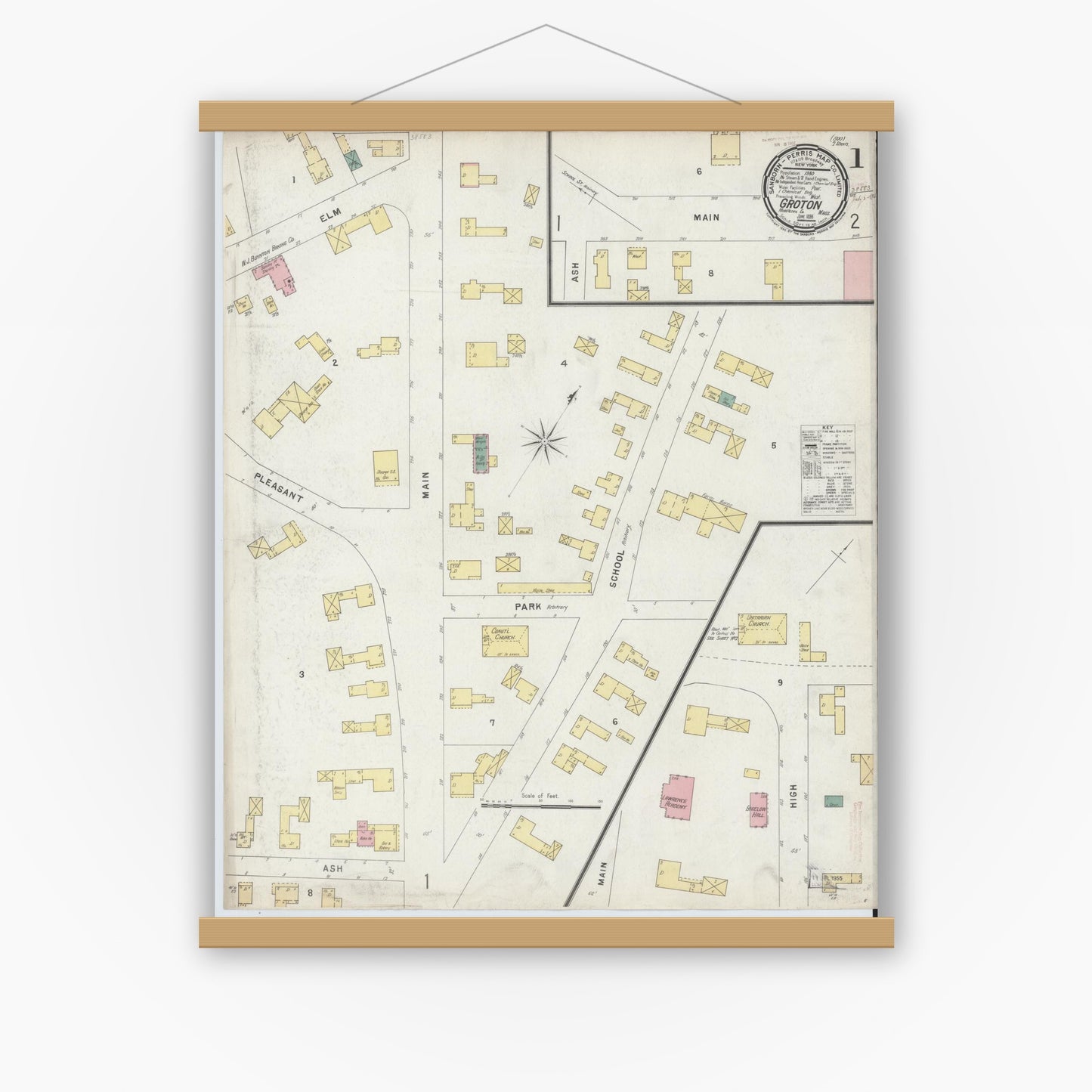 Old map wall art mockup — magnetic wood frame on white wall — Sanborn Fire Insurance Map from Groton, Middlesex County, Massachusetts (1896), Sheet #0001
