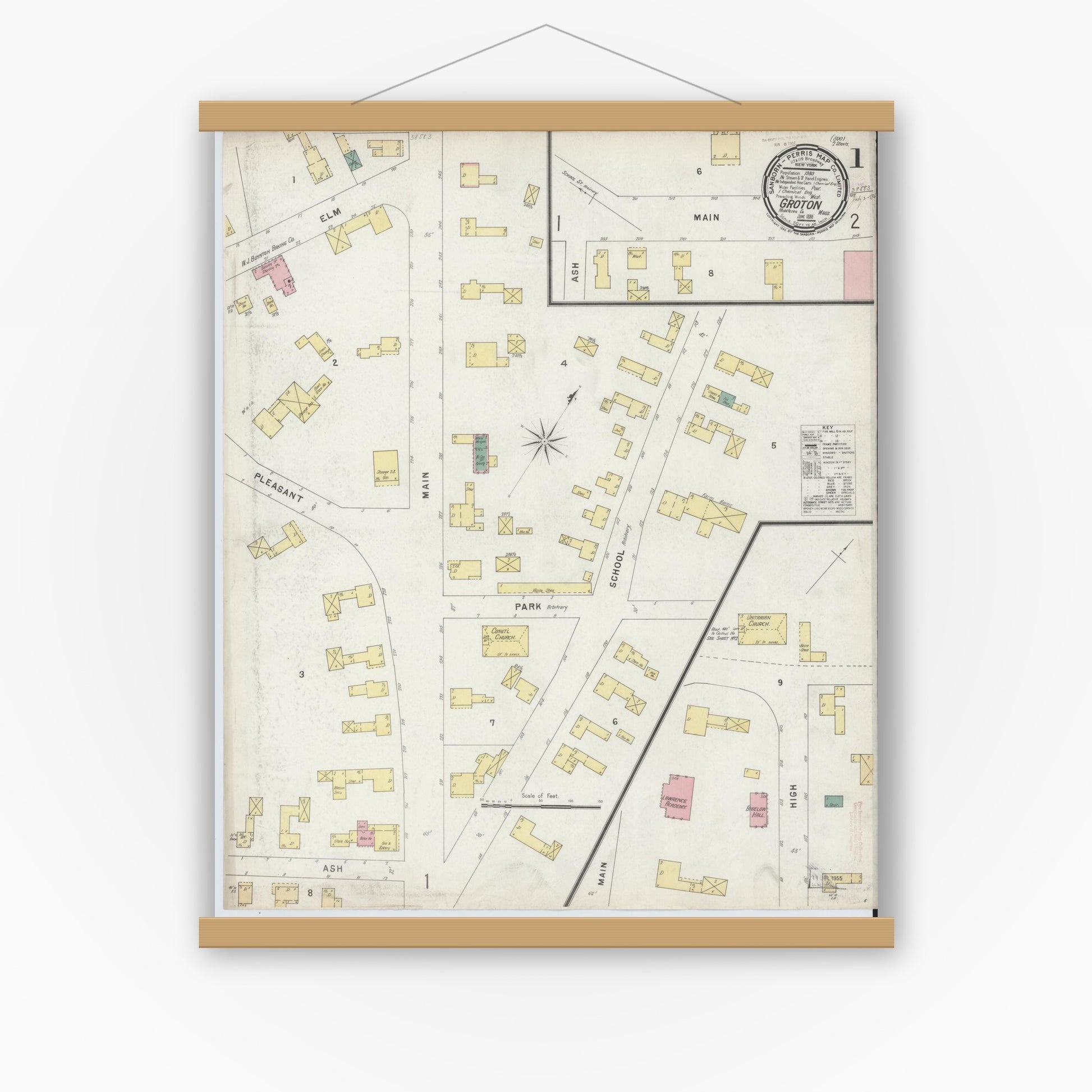 Old map wall art mockup — magnetic wood frame on white wall — Sanborn Fire Insurance Map from Groton, Middlesex County, Massachusetts (1896), Sheet #0001