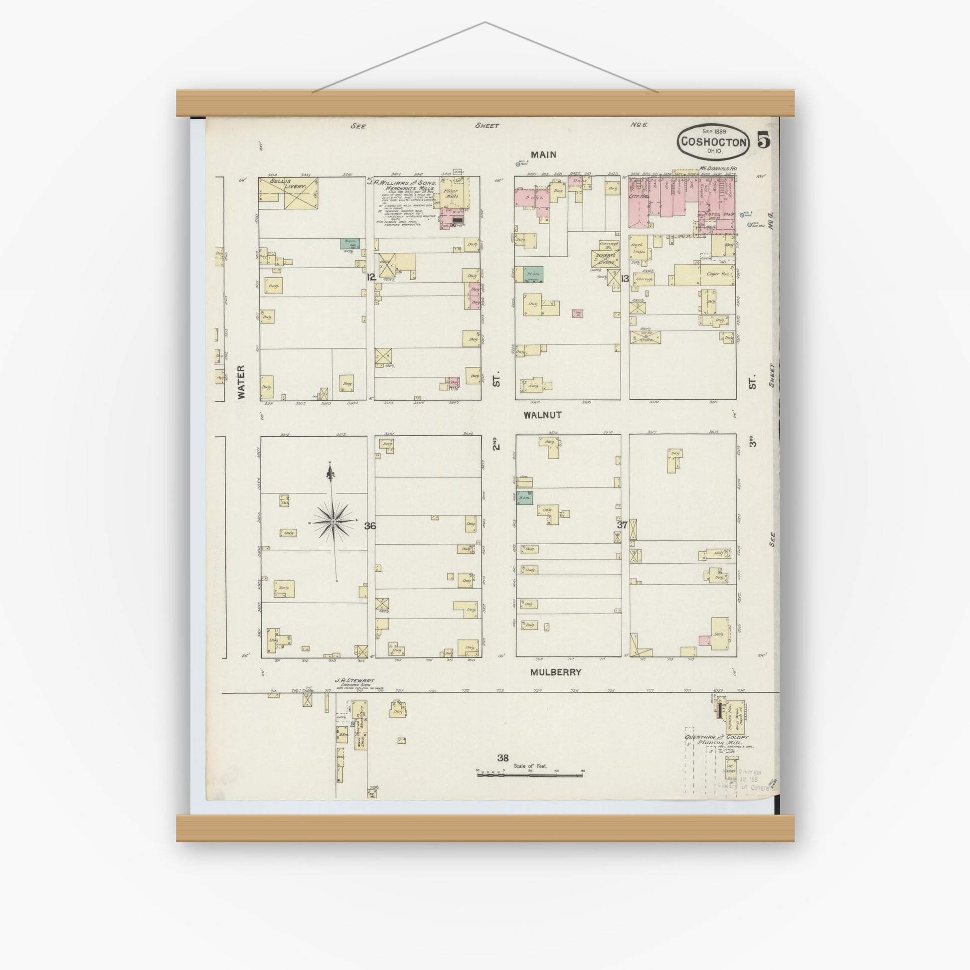 Old map wall art mockup — magnetic wood frame on white wall — Sanborn Fire Insurance Map from Coshocton, Coshocton County, Ohio (1889), Sheet #0005