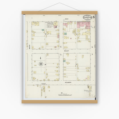 Old map wall art mockup — magnetic wood frame on white wall — Sanborn Fire Insurance Map from Coshocton, Coshocton County, Ohio (1889), Sheet #0005