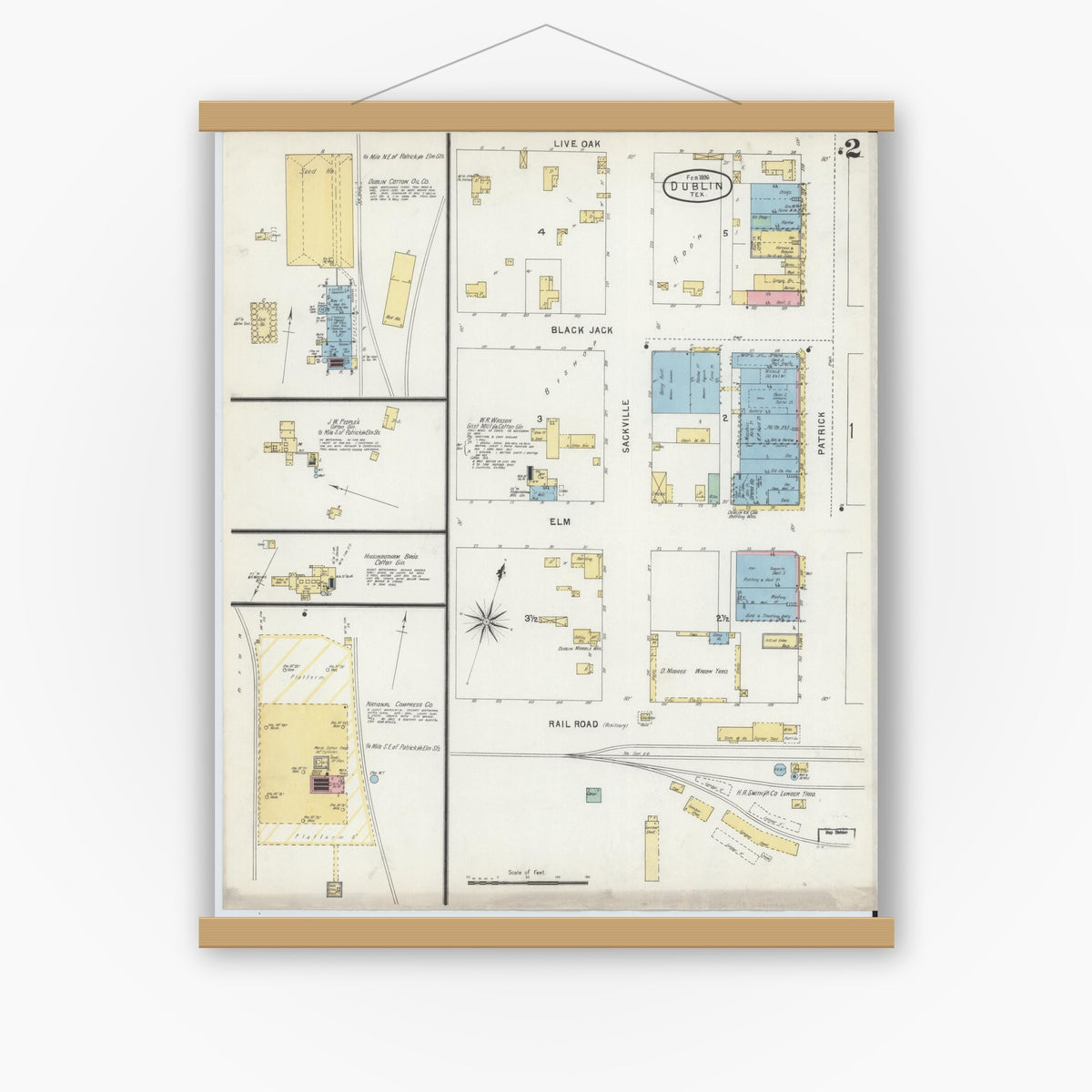 Old map wall art mockup — magnetic wood frame on white wall — Sanborn Fire Insurance Map from Dublin, Erath County, Texas (1896), Sheet #0002
